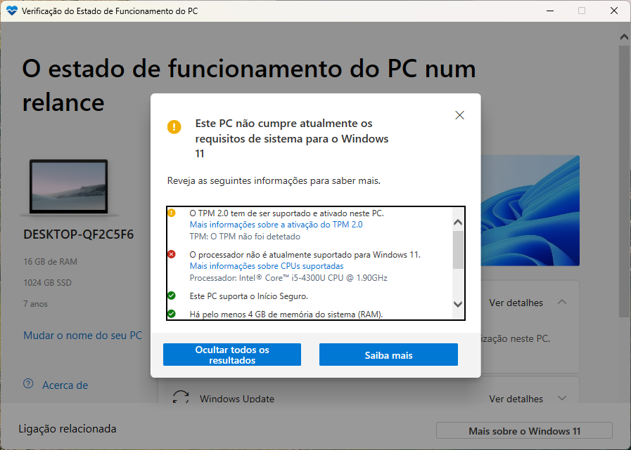 App PC Health Check a indicar que o PC não é compatível com o Windows 11