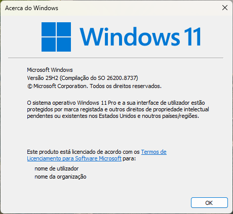 Janela winver a mostrar Windows 11 versão 25H2